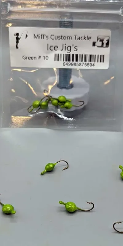 Miff's Ice Jigs Green Glow color in size 10 hooks