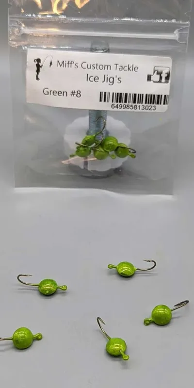 Miff's Custom Tackle Ice Jigs Green Glow Hook Size 8