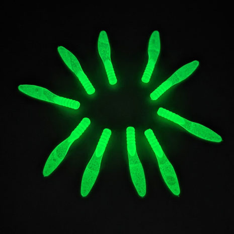 Miff's Custom Tackle Flap Jacks Chartreuse ice fishing lures glowing in the dark